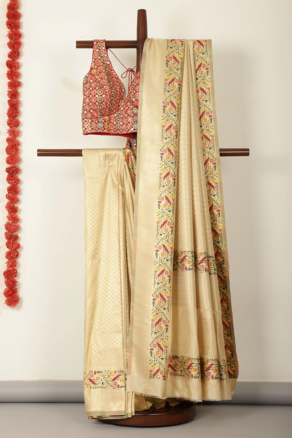 Beige Soft Silk Zari and Resham woven Paithani Work Saree - Image 3