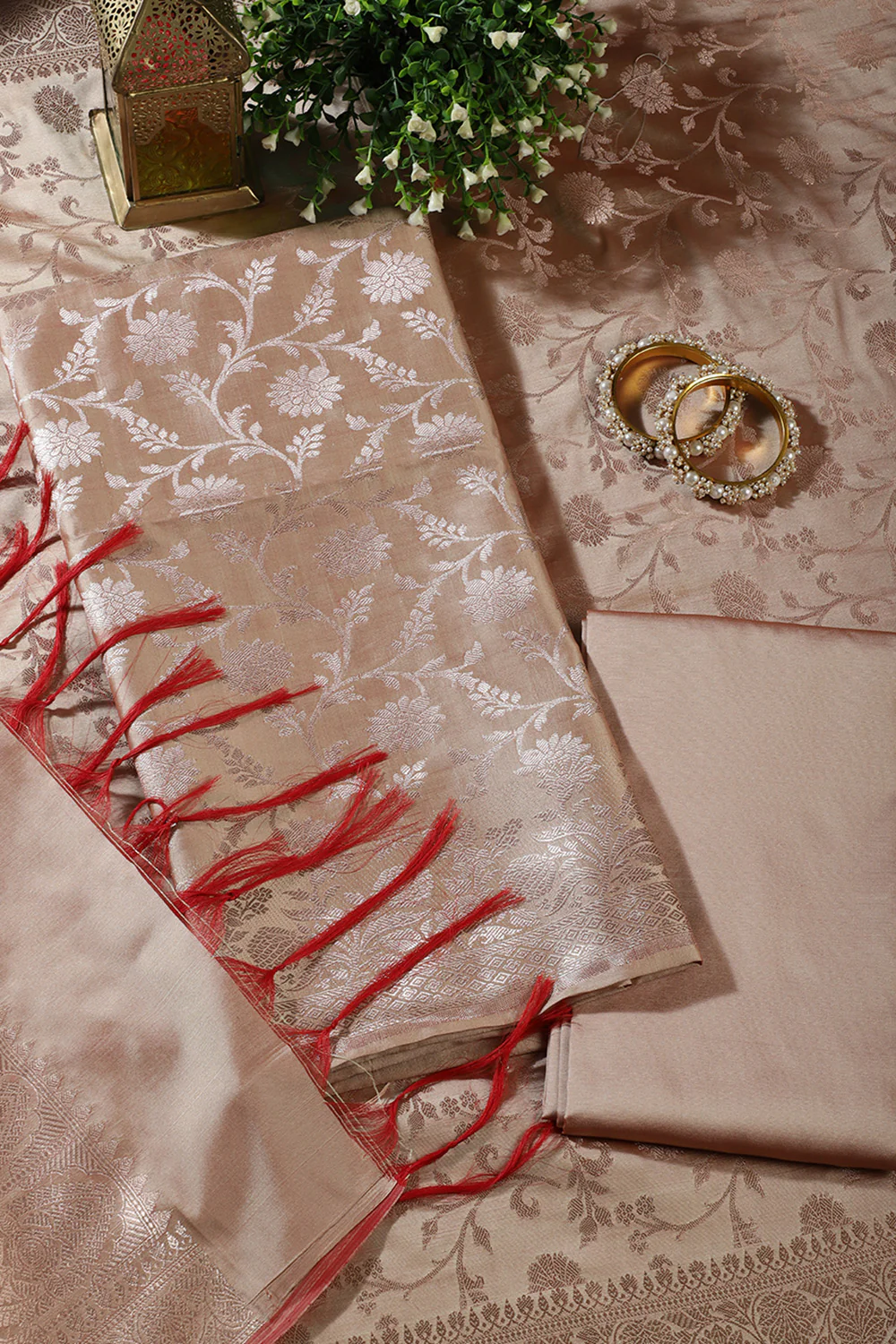 Beige Zari Floral Woven Silk Unstitched Suit Fabric - Image 2