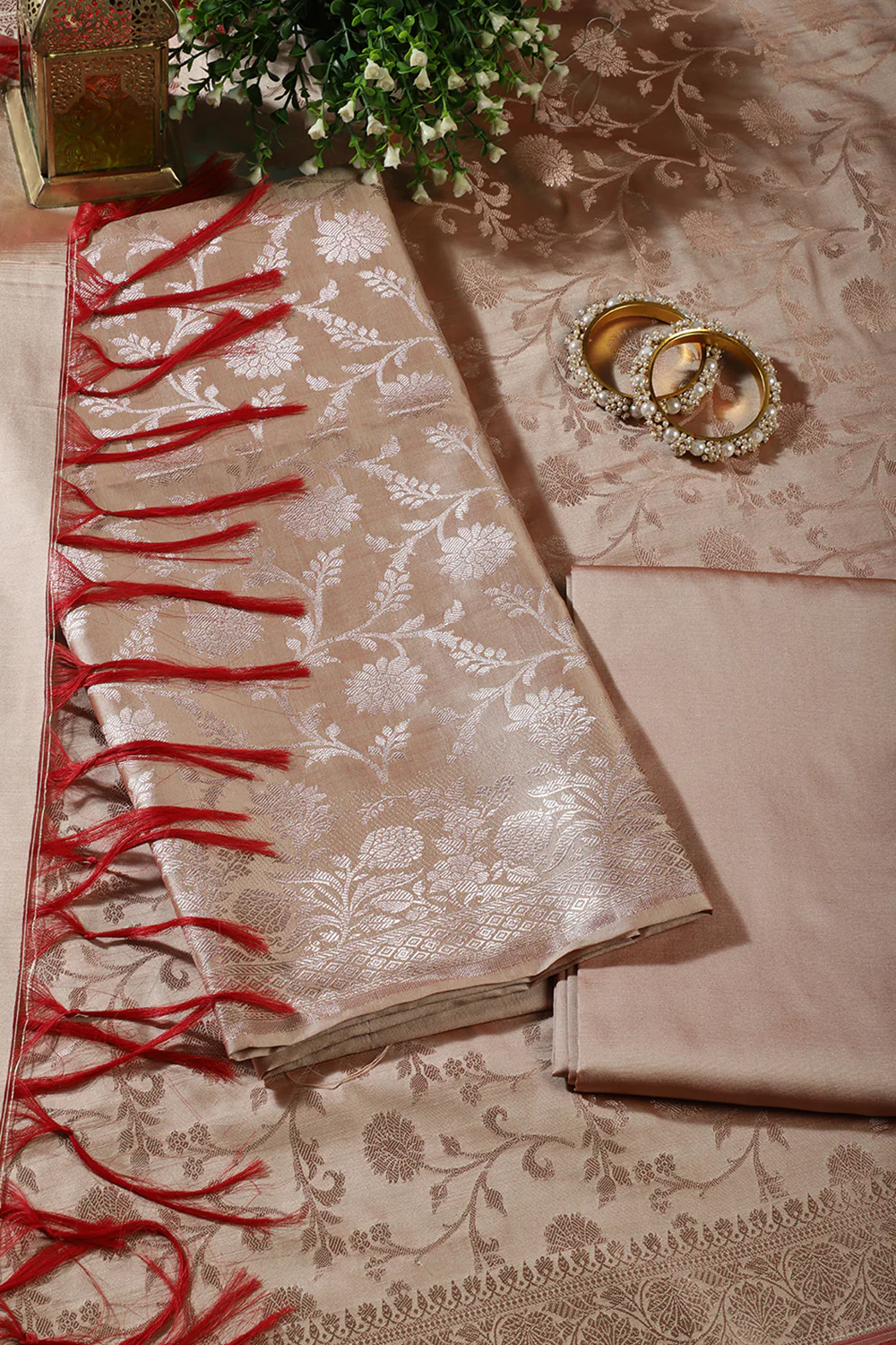 Beige Zari Floral Woven Silk Unstitched Suit Fabric - Image 4