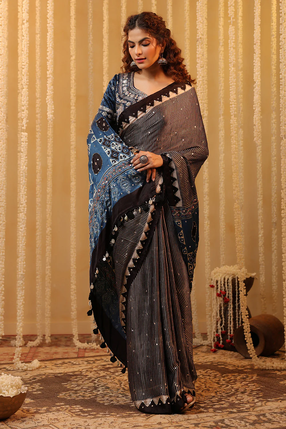 Black & Blue Pure Mulberry Silk Printed And Embroidered Saree - Image 6