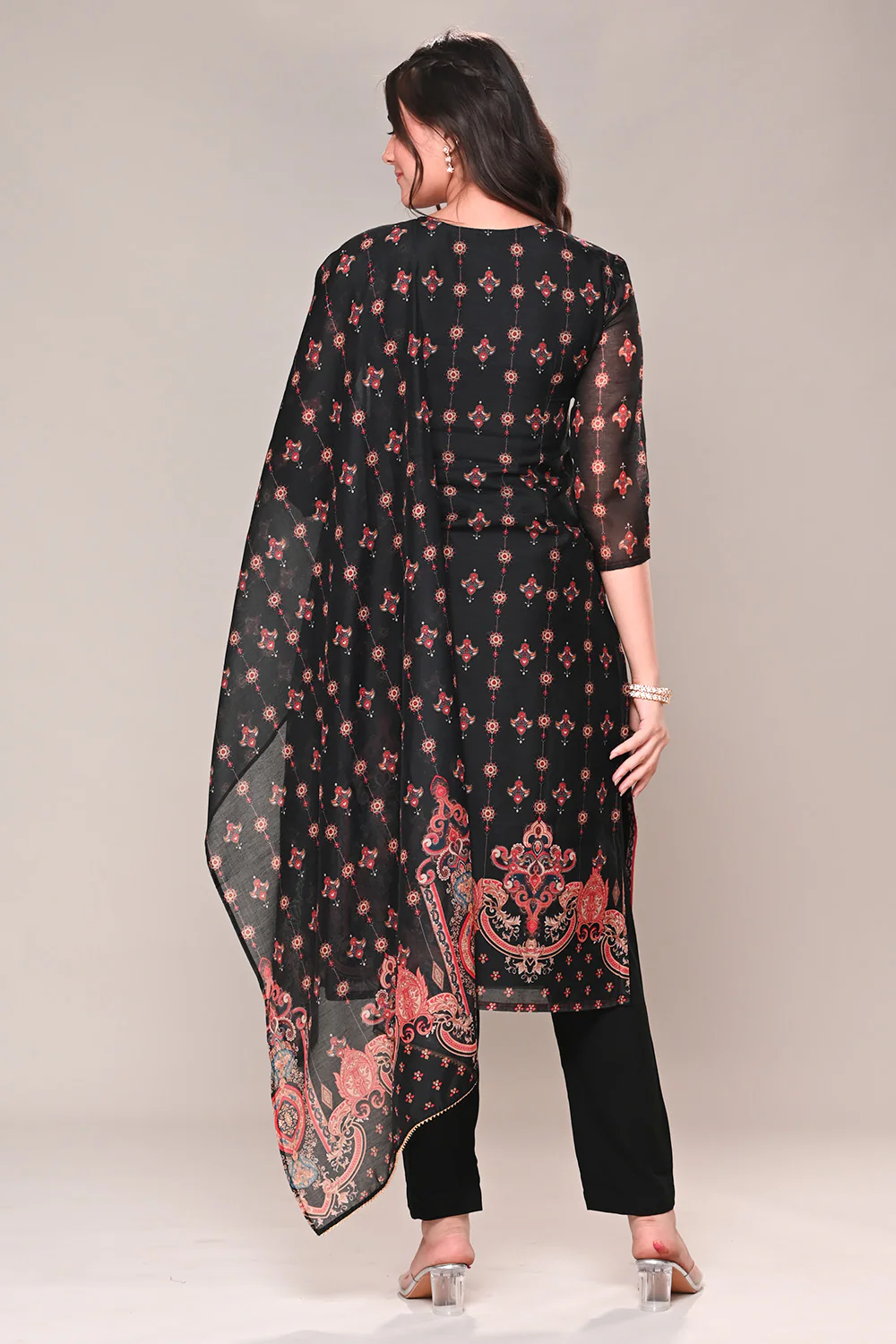 Black Chanderi Silk Printed Straight Suit - Image 3