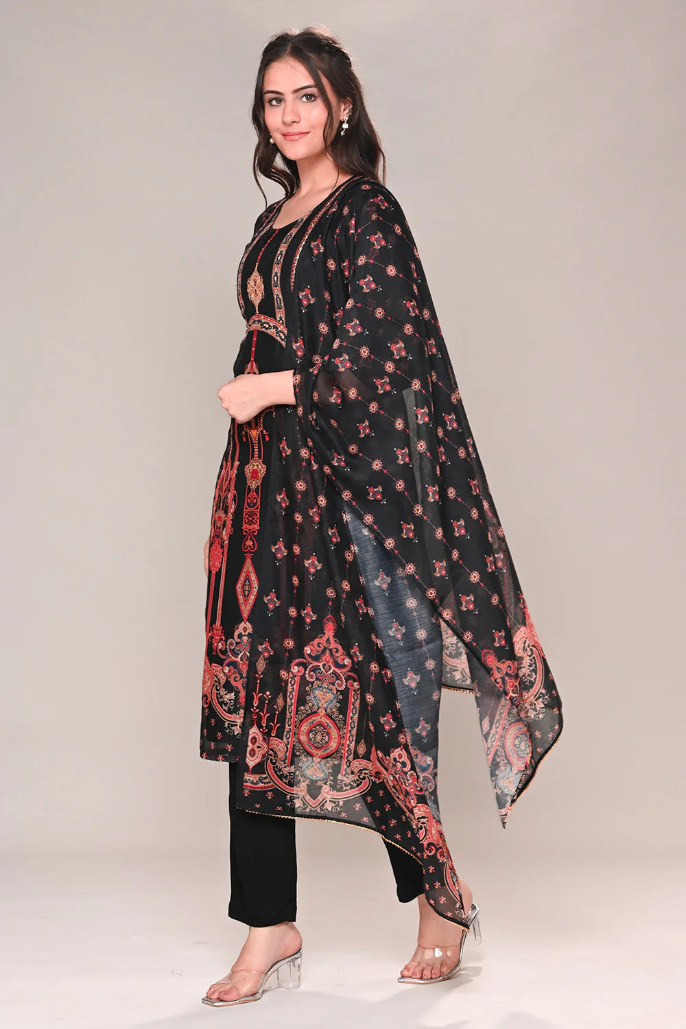 Black Chanderi Silk Printed Straight Suit - Image 4