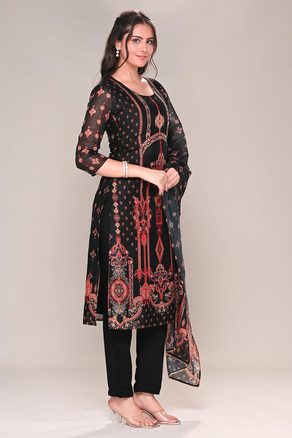 Black Chanderi Silk Printed Straight Suit - Image 5