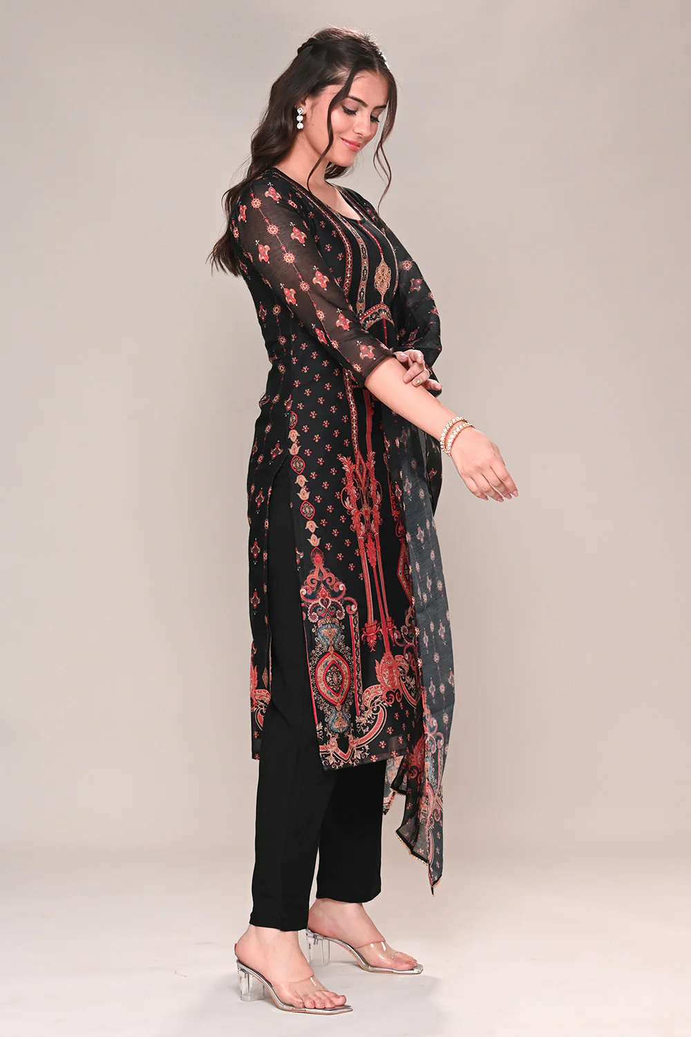 Black Chanderi Silk Printed Straight Suit - Image 6