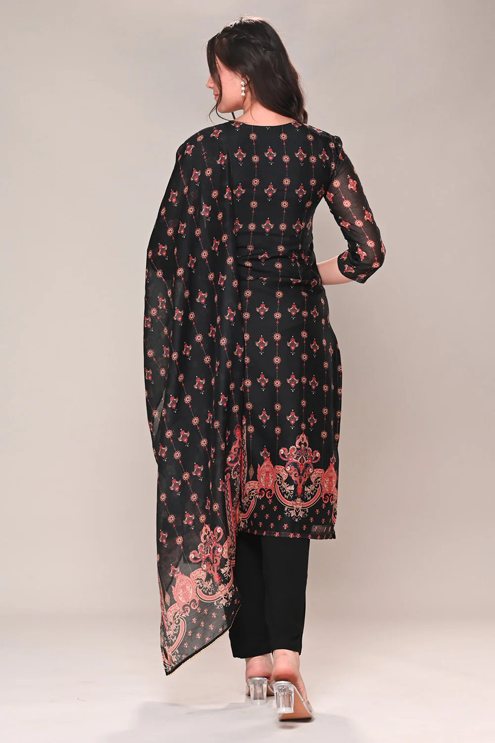 Black Chanderi Silk Printed Straight Suit - Image 7