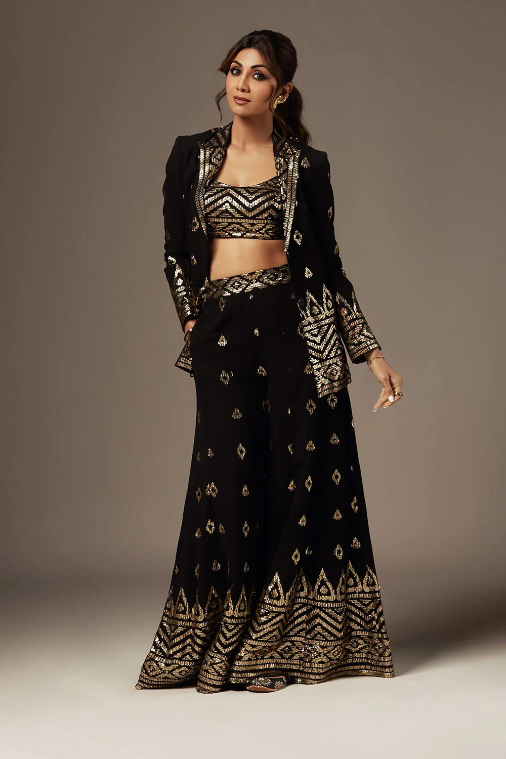 Black Color Georgette Embroidered Crop-Top palazzo Set With Shrug - Image 3