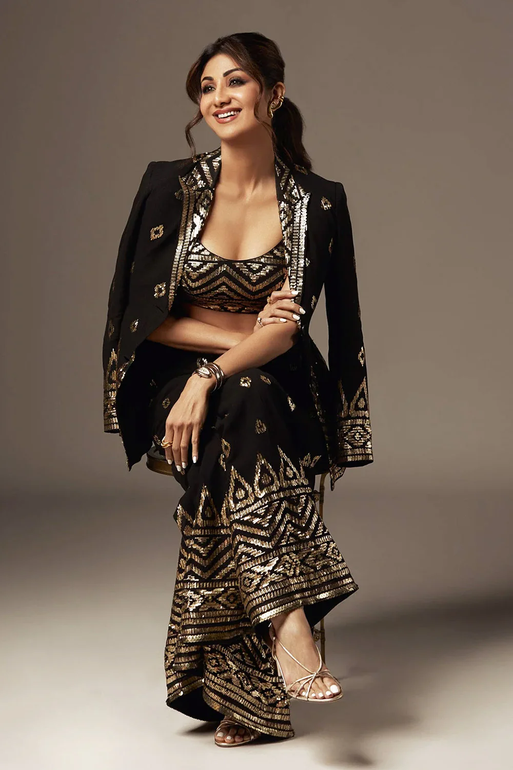 Black Color Georgette Embroidered Crop-Top palazzo Set With Shrug - Image 4