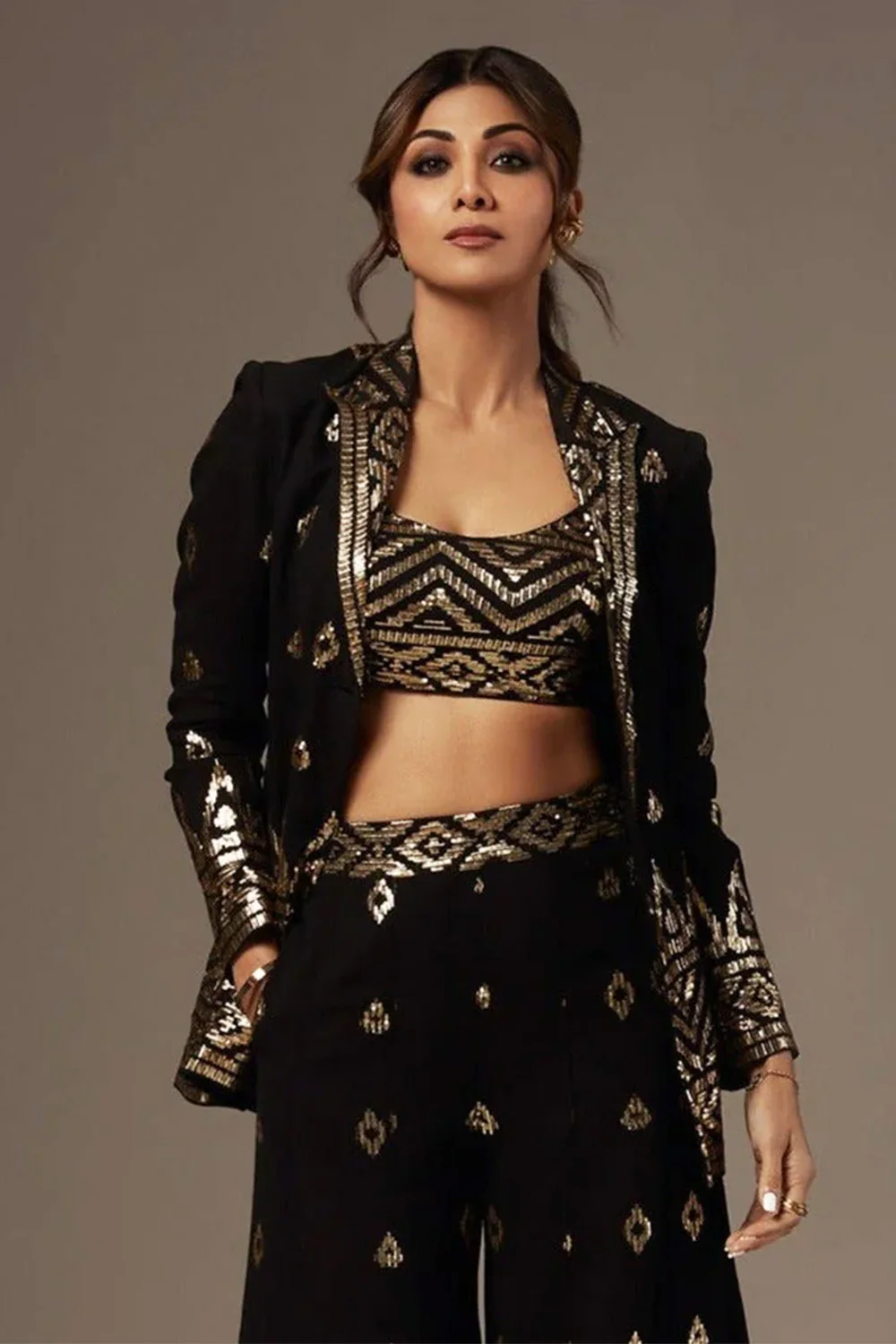 Black Color Georgette Embroidered Crop-Top palazzo Set With Shrug - Image 7