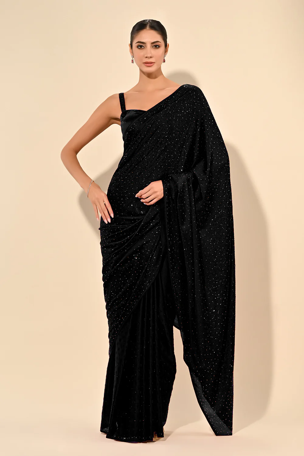 Black Color Satin Swarovski Work Saree - Image 4