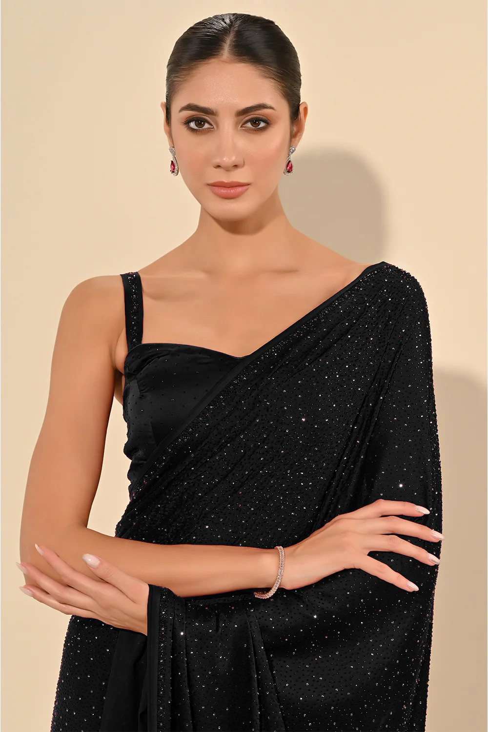 Black Color Satin Swarovski Work Saree - Image 5