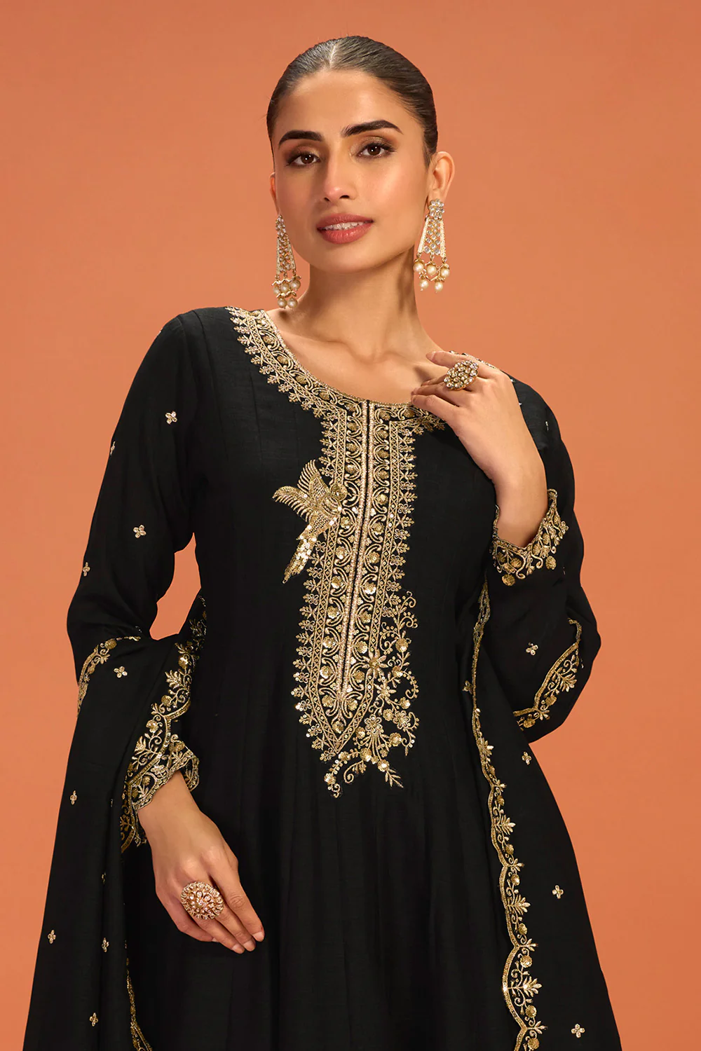 Black Crepe Silk Zari and Sequins Embroidered Anarkali Suit - Image 2