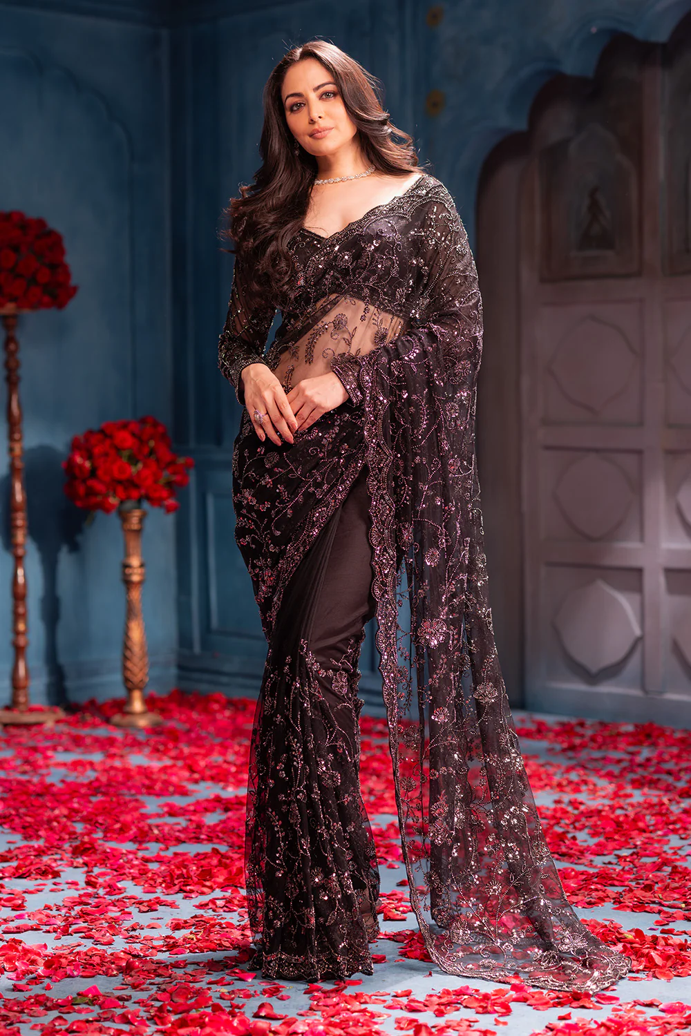 Black Cut-Dana And Sequins Embroidered Net Saree - Image 2