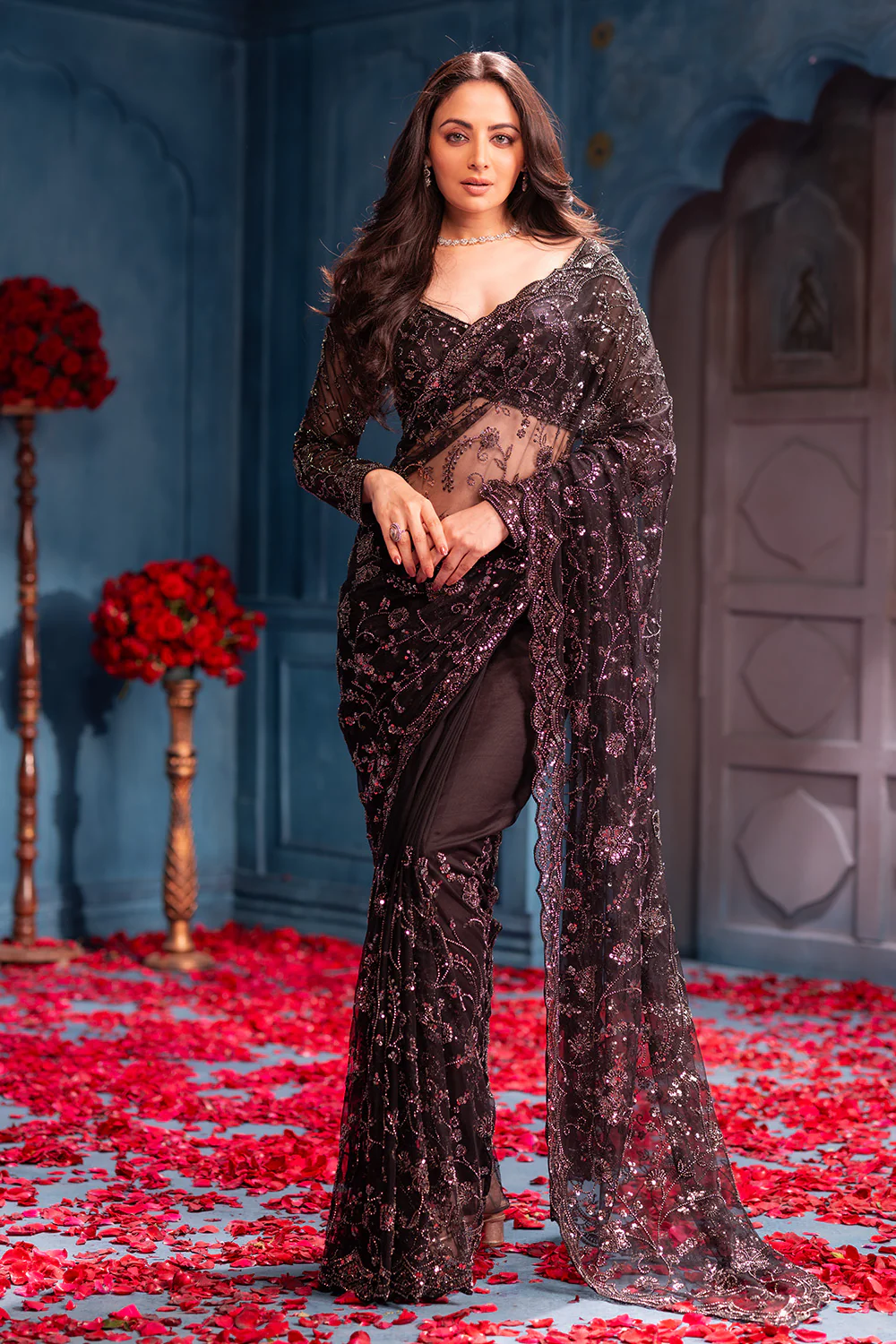 Black Cut-Dana And Sequins Embroidered Net Saree - Image 3