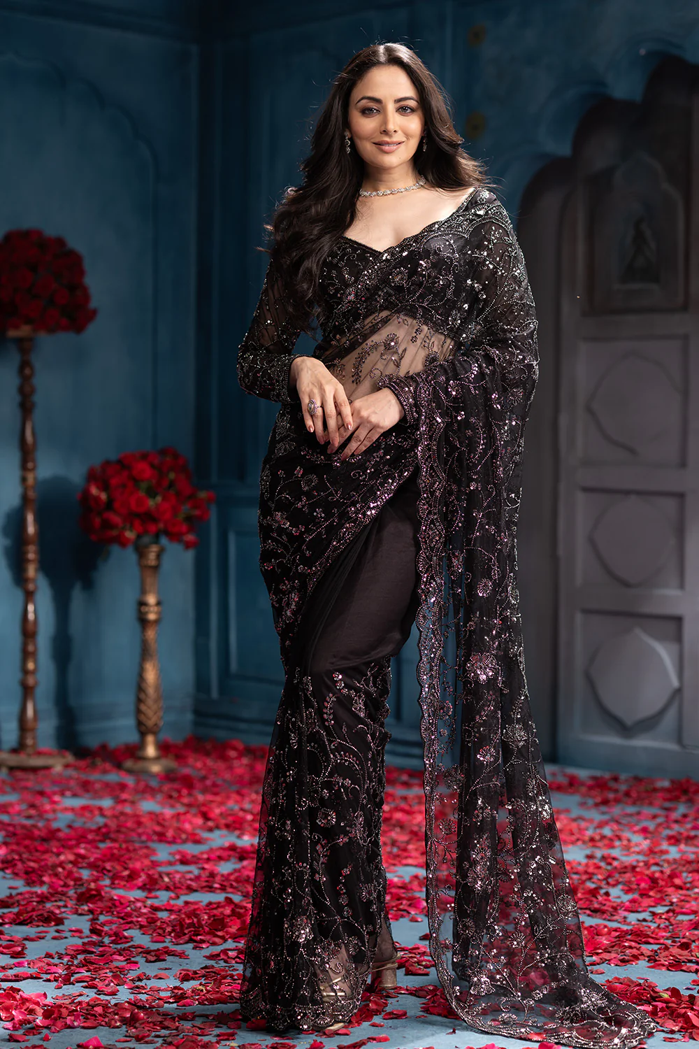 Black Cut-Dana And Sequins Embroidered Net Saree - Image 4