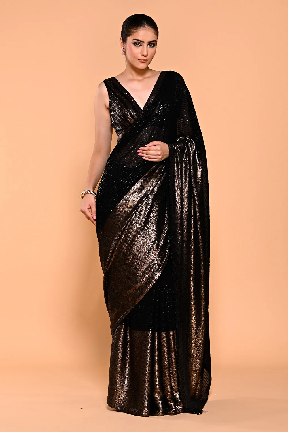 Black & Golden Color Georgette Sequins Embroidered Saree - Image 2