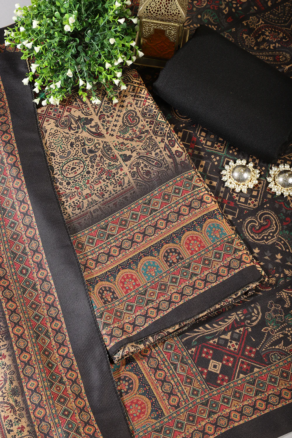 Black Pashmina Digital Printed Unstitched Suit Material - Image 3