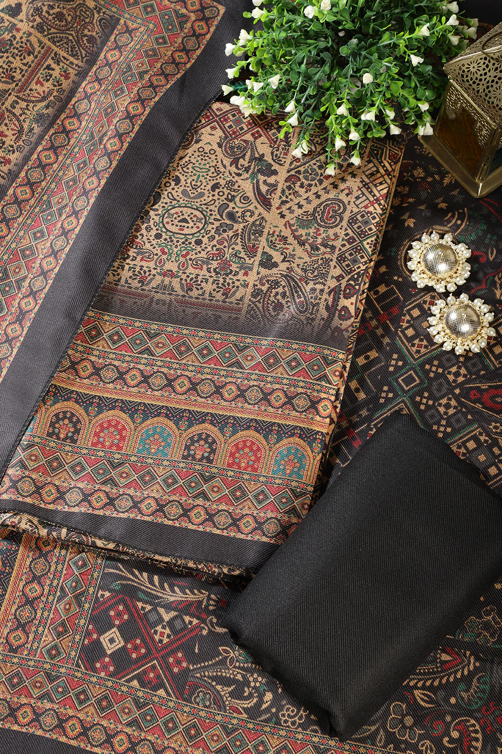 Black Pashmina Digital Printed Unstitched Suit Material - Image 4