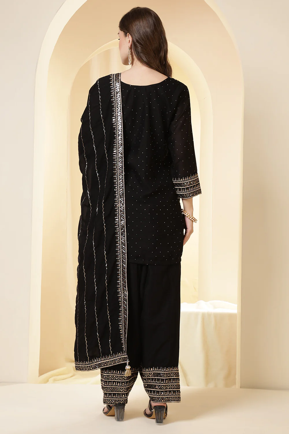 Black Zari Embroidered Silk Suit With Farsi Salwar - Image 2