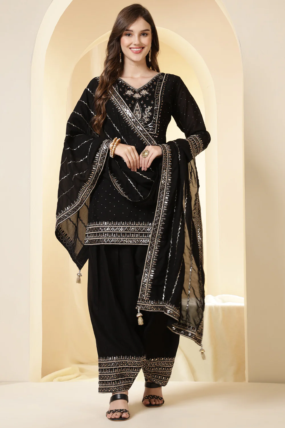 Black Zari Embroidered Silk Suit With Farsi Salwar - Image 3