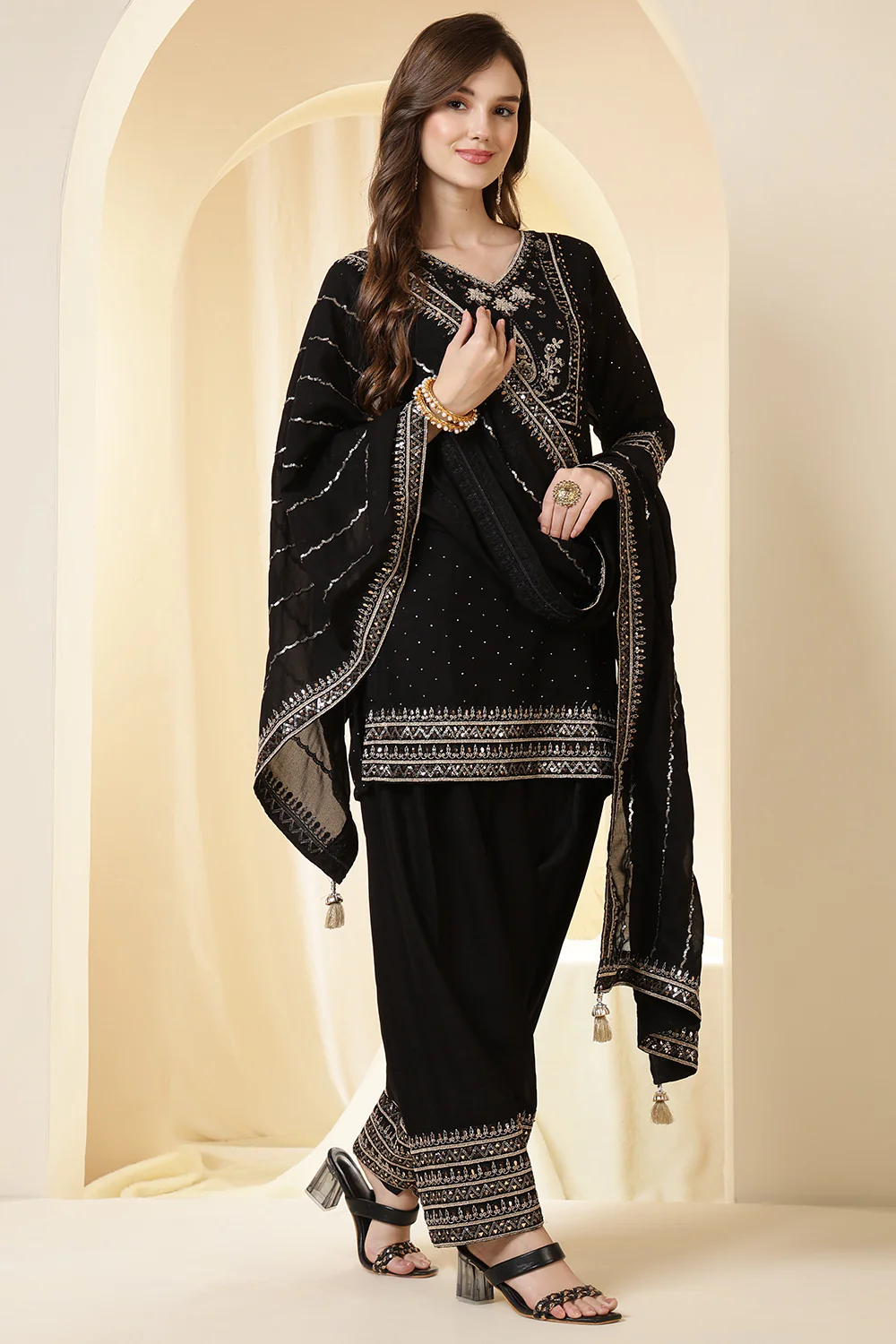 Black Zari Embroidered Silk Suit With Farsi Salwar - Image 4
