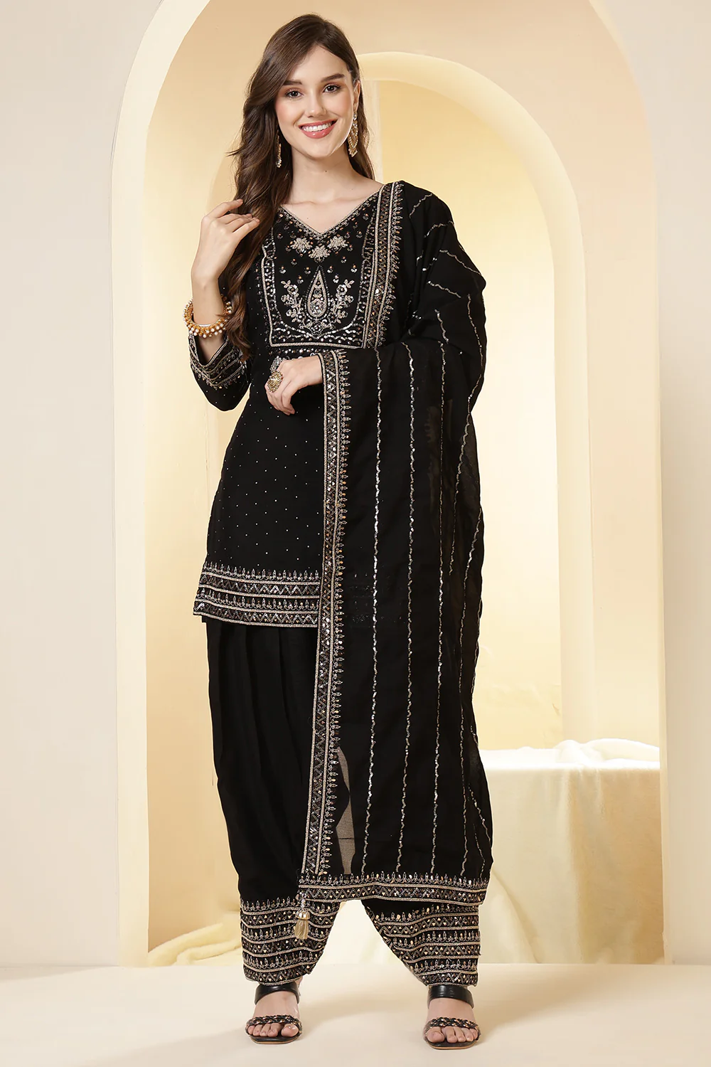 Black Zari Embroidered Silk Suit With Farsi Salwar - Image 6