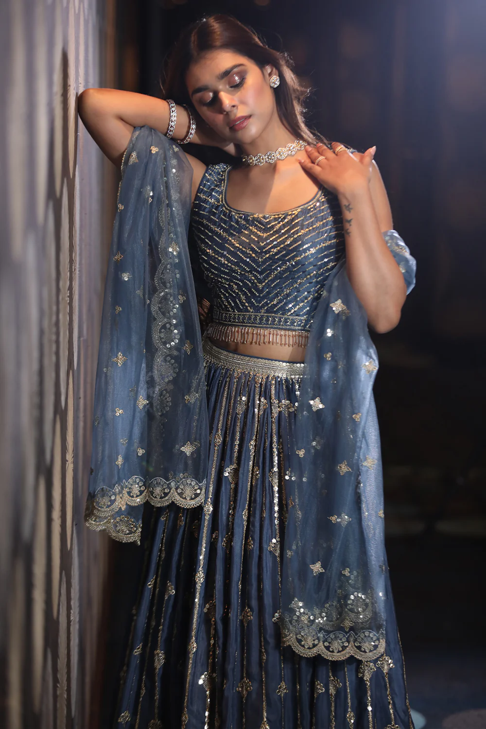 Blue Colour Chinon Silk Lehenga - Image 11