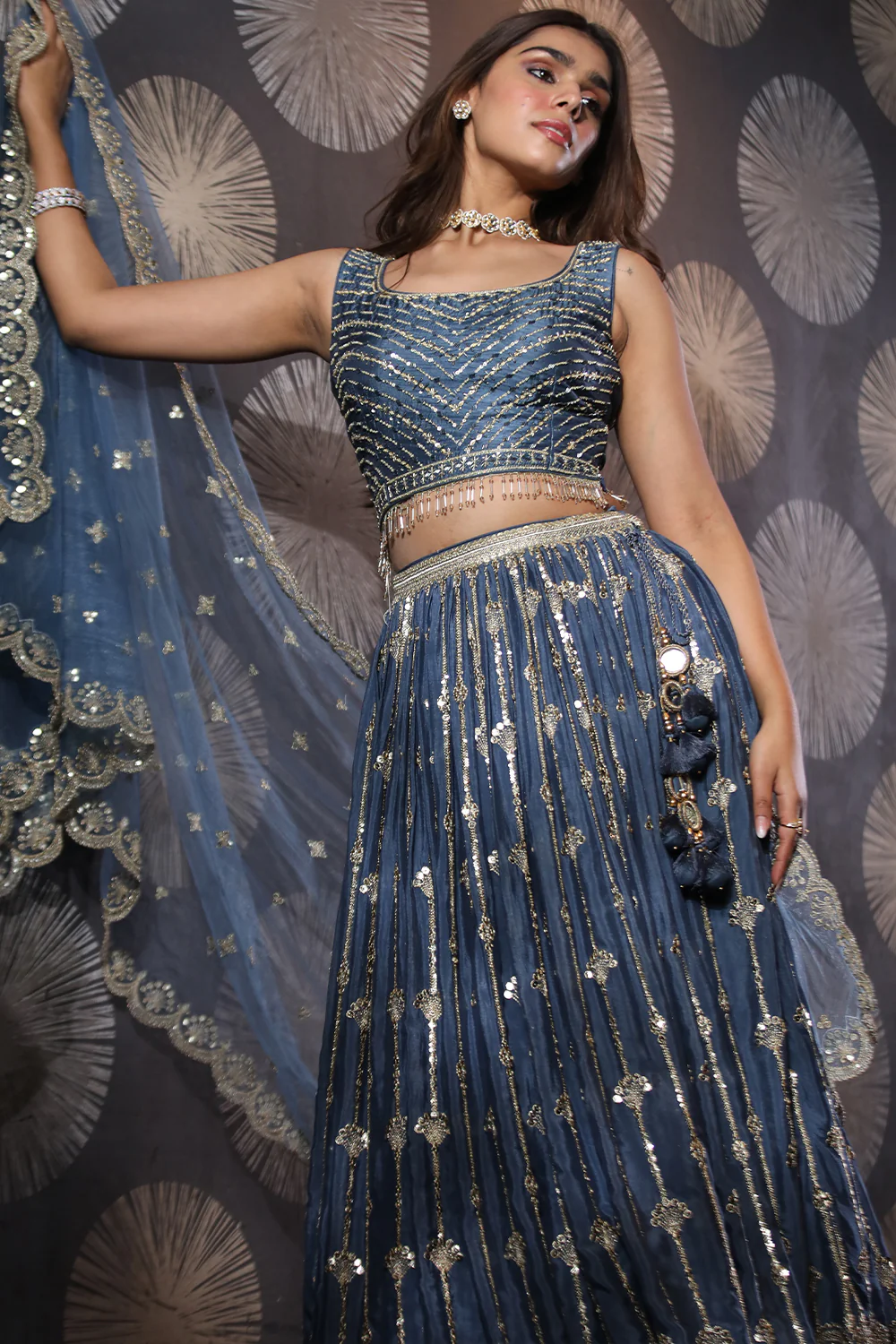 Blue Colour Chinon Silk Lehenga - Image 6