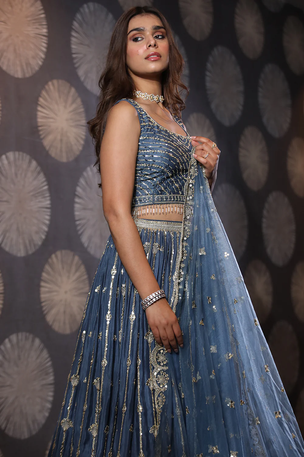 Blue Colour Chinon Silk Lehenga - Image 7
