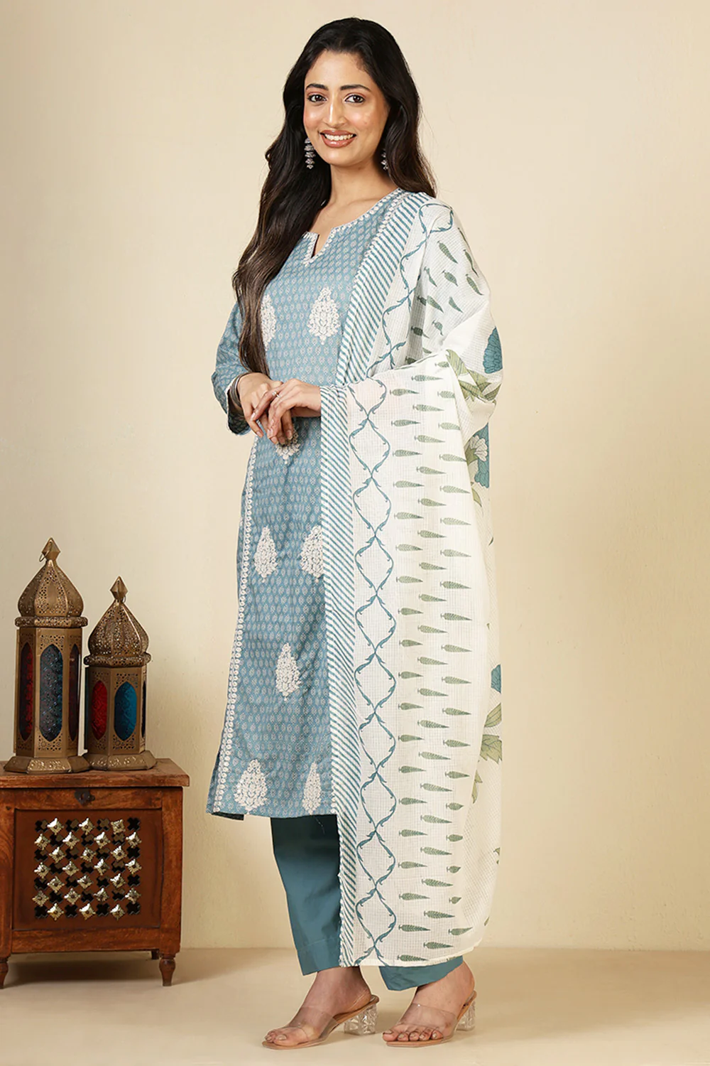 Blue Cotton Emboridered And Printed Suit Set - Image 3