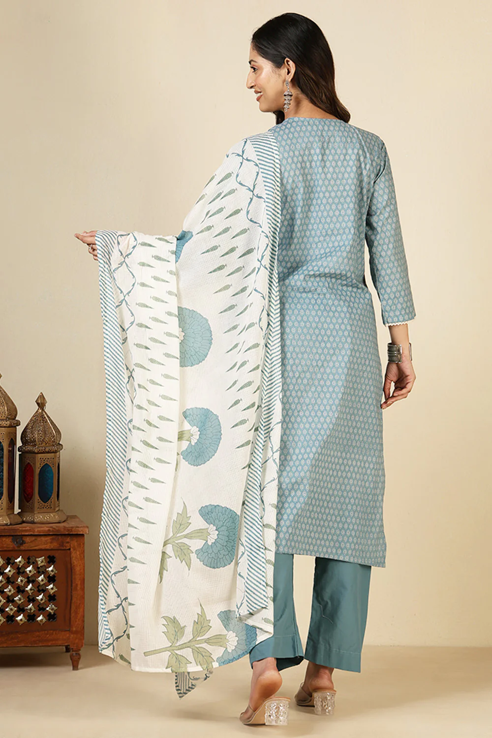Blue Cotton Emboridered And Printed Suit Set - Image 4