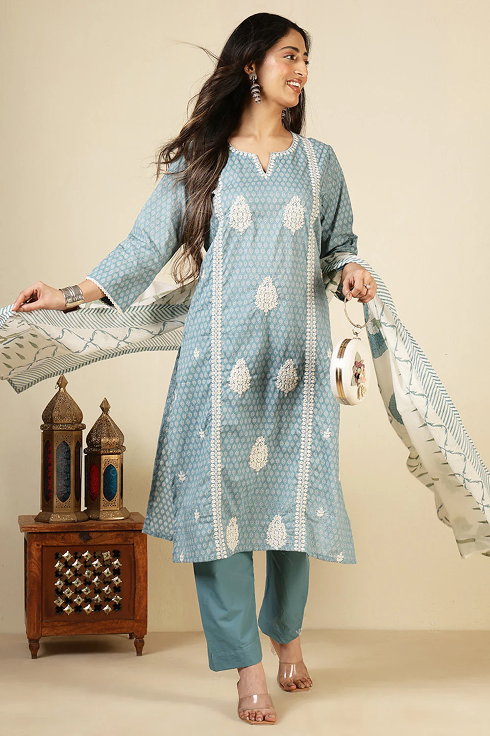 Blue Cotton Emboridered And Printed Suit Set - Image 5