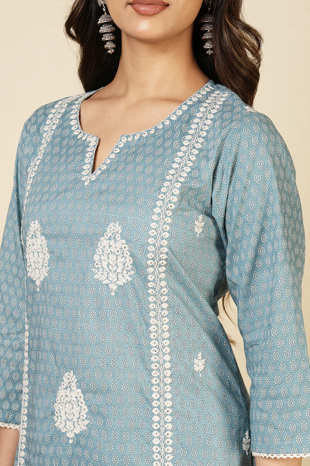 Blue Cotton Emboridered And Printed Suit Set - Image 6