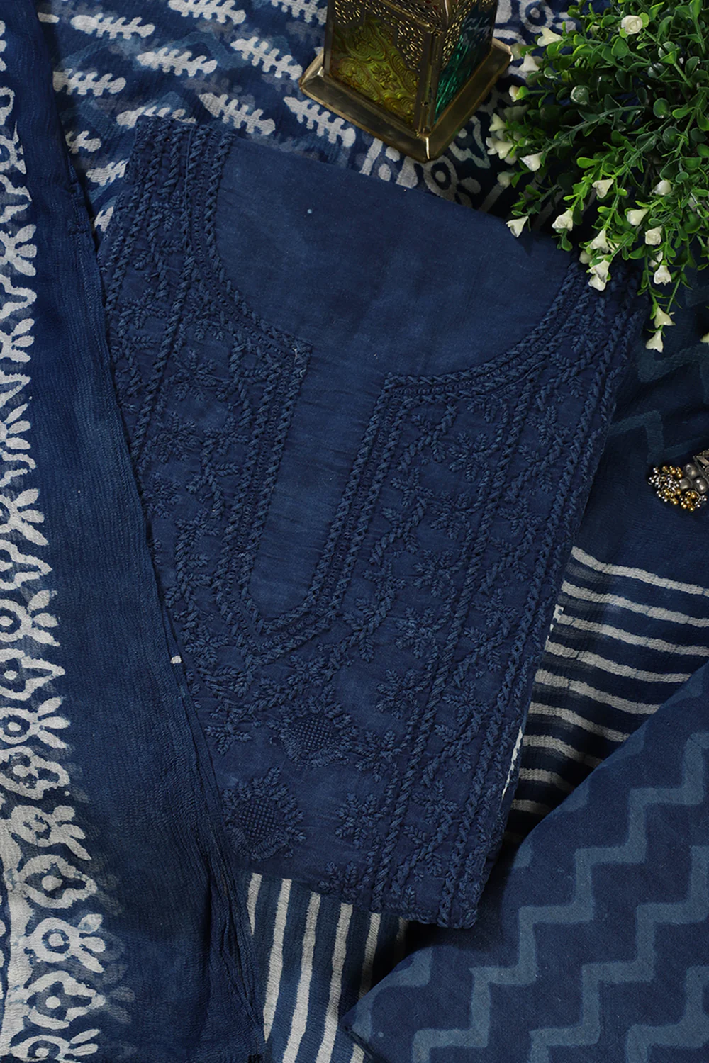 Blue Cotton Resham Embroidered Unstitched Suit Material - Image 2