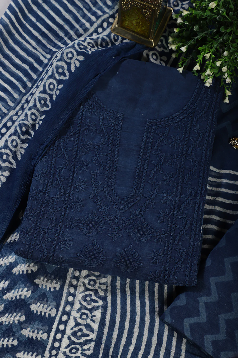 Blue Cotton Resham Embroidered Unstitched Suit Material - Image 3
