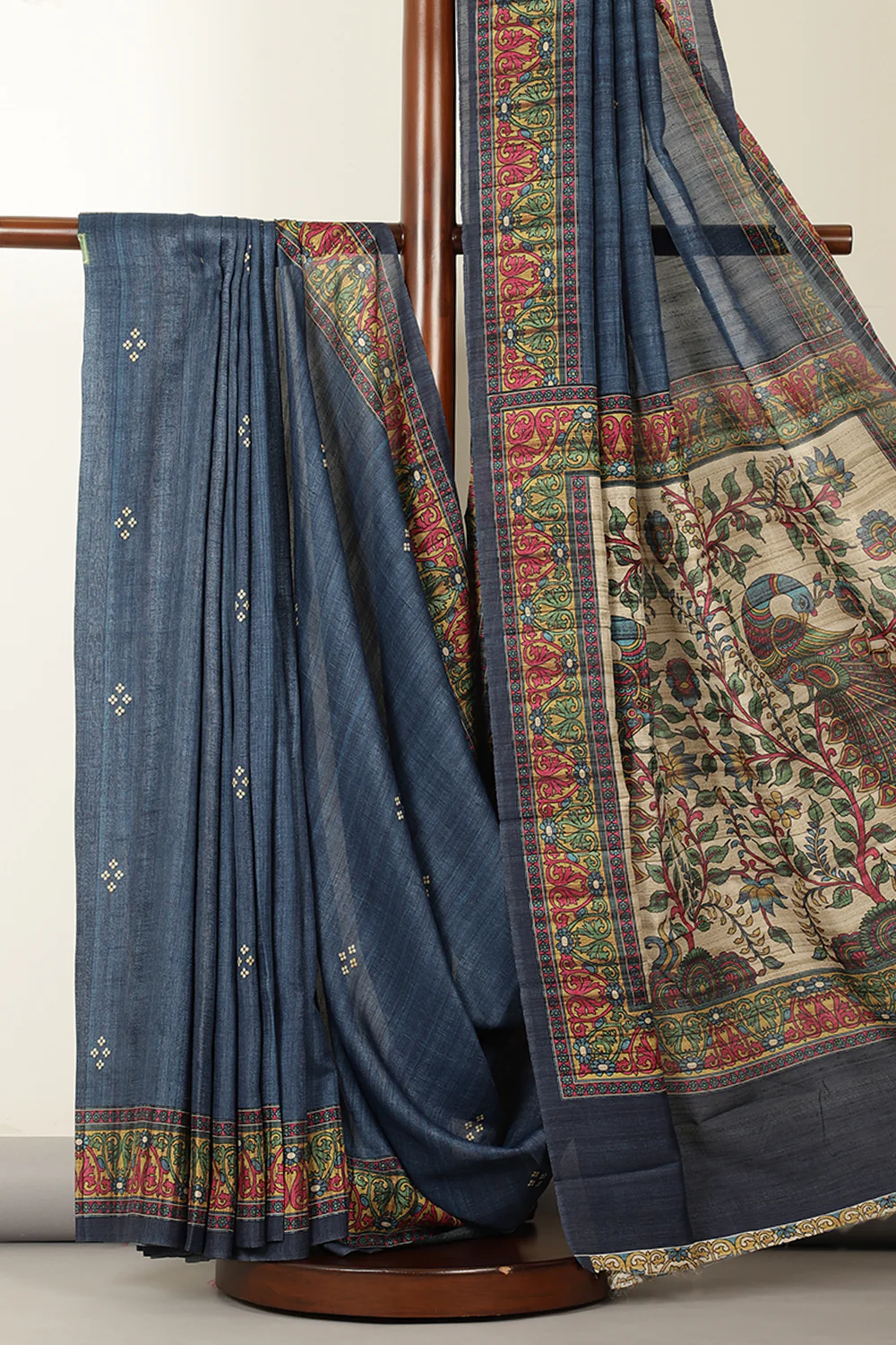 Blue Madhubani Printed Tussar Silk Saree - Image 3