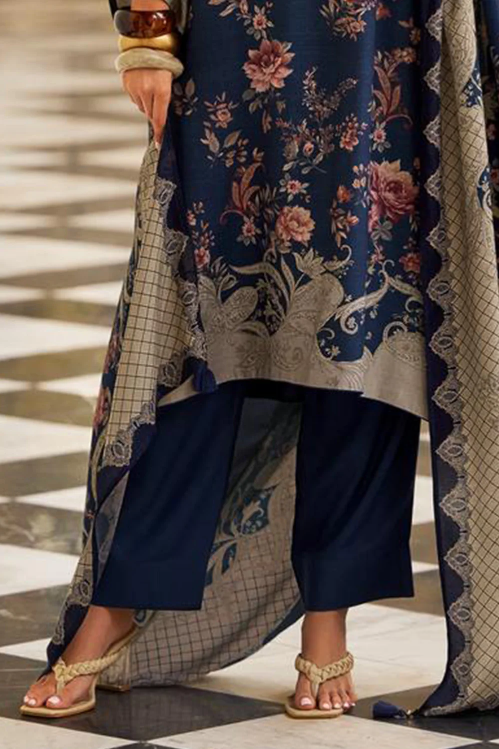 Blue Spun Floral Printed Unstitched Suit Fabric - Image 3