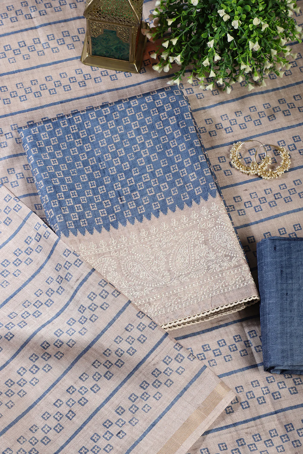 Blue Tussar Cotton Printed And Reham Embroidered Unstiched Suit Material - Image 3