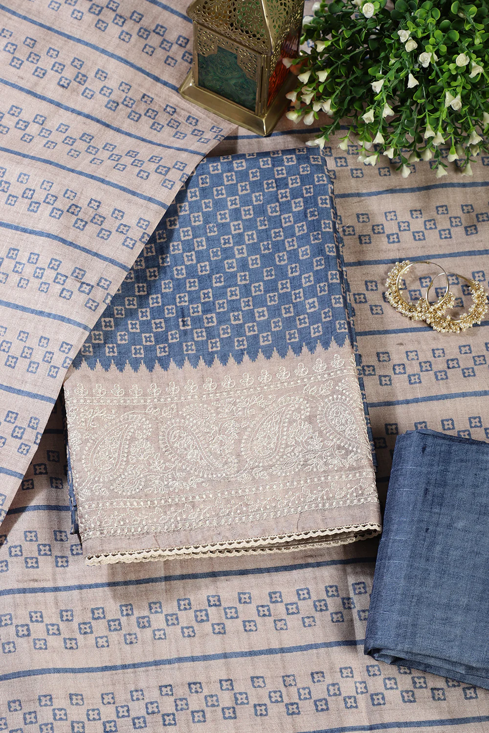 Blue Tussar Cotton Printed And Reham Embroidered Unstiched Suit Material - Image 4