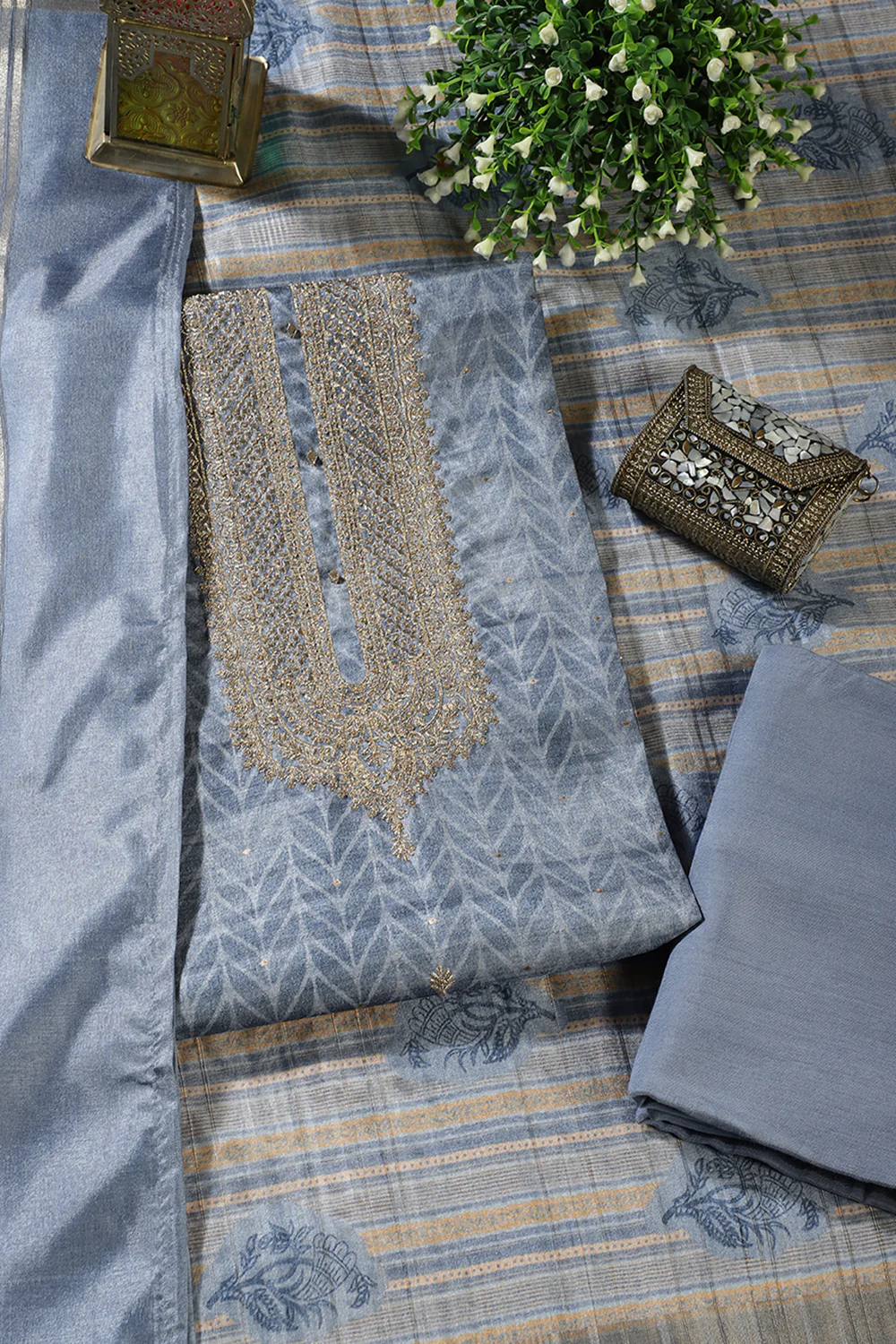 Blue Tussar Silk Neck Zari Embroidered & Printed Unstitched Suit Fabric - Image 3