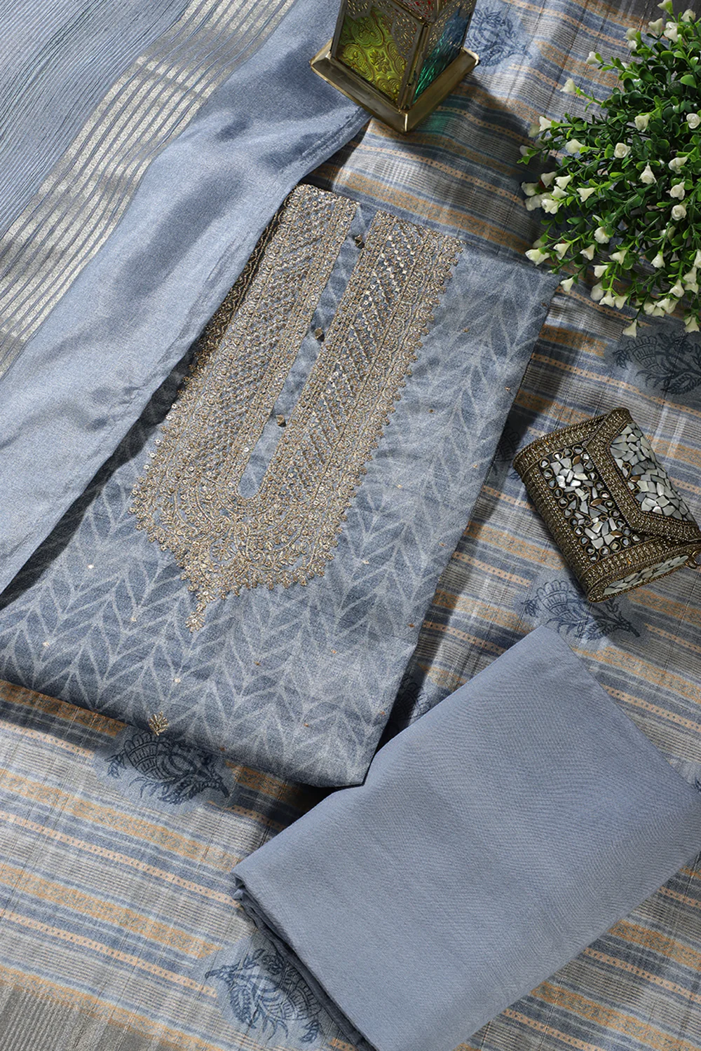 Blue Tussar Silk Neck Zari Embroidered & Printed Unstitched Suit Fabric - Image 4