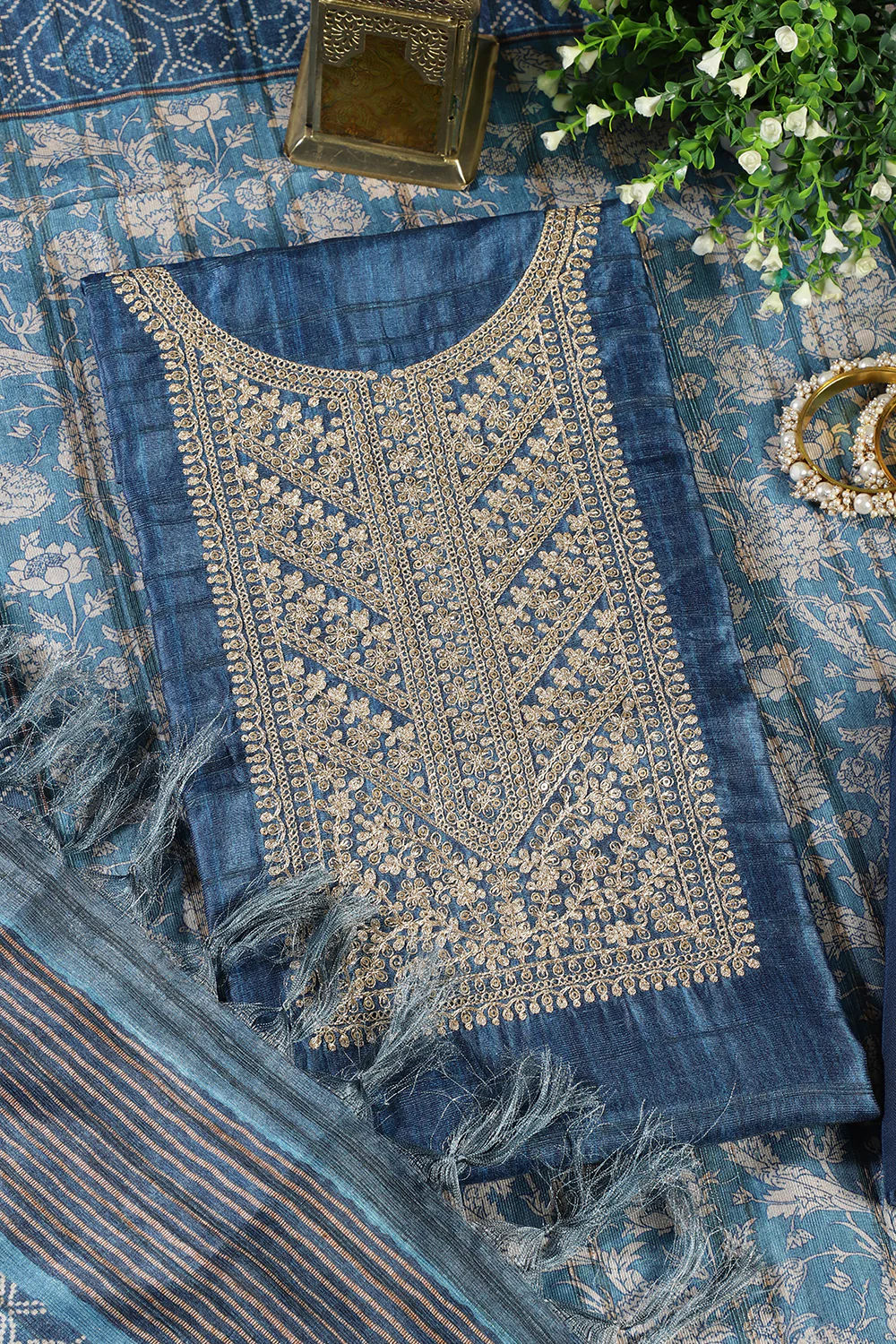Blue Tussar Silk Neck Zari Embroidered Unstitched Suit - Image 2