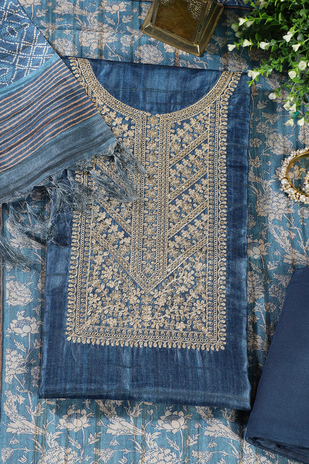 Blue Tussar Silk Neck Zari Embroidered Unstitched Suit - Image 3