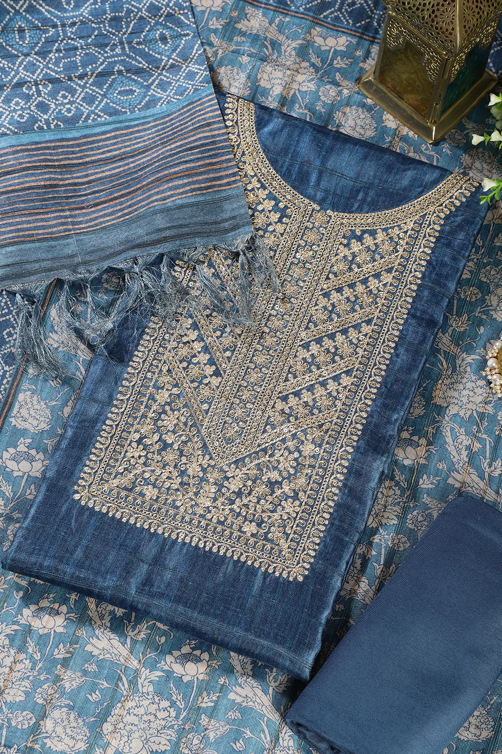 Blue Tussar Silk Neck Zari Embroidered Unstitched Suit - Image 4