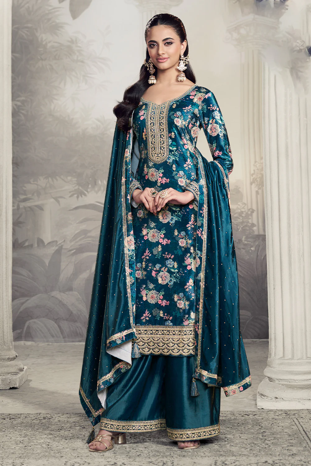 Blue Velvet Floral Printed And Embroidered Unstitched Suit Fabric - Image 2