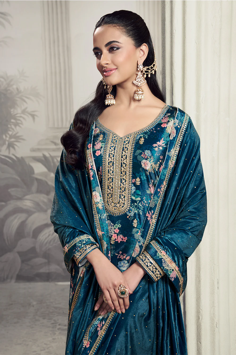 Blue Velvet Floral Printed And Embroidered Unstitched Suit Fabric - Image 3