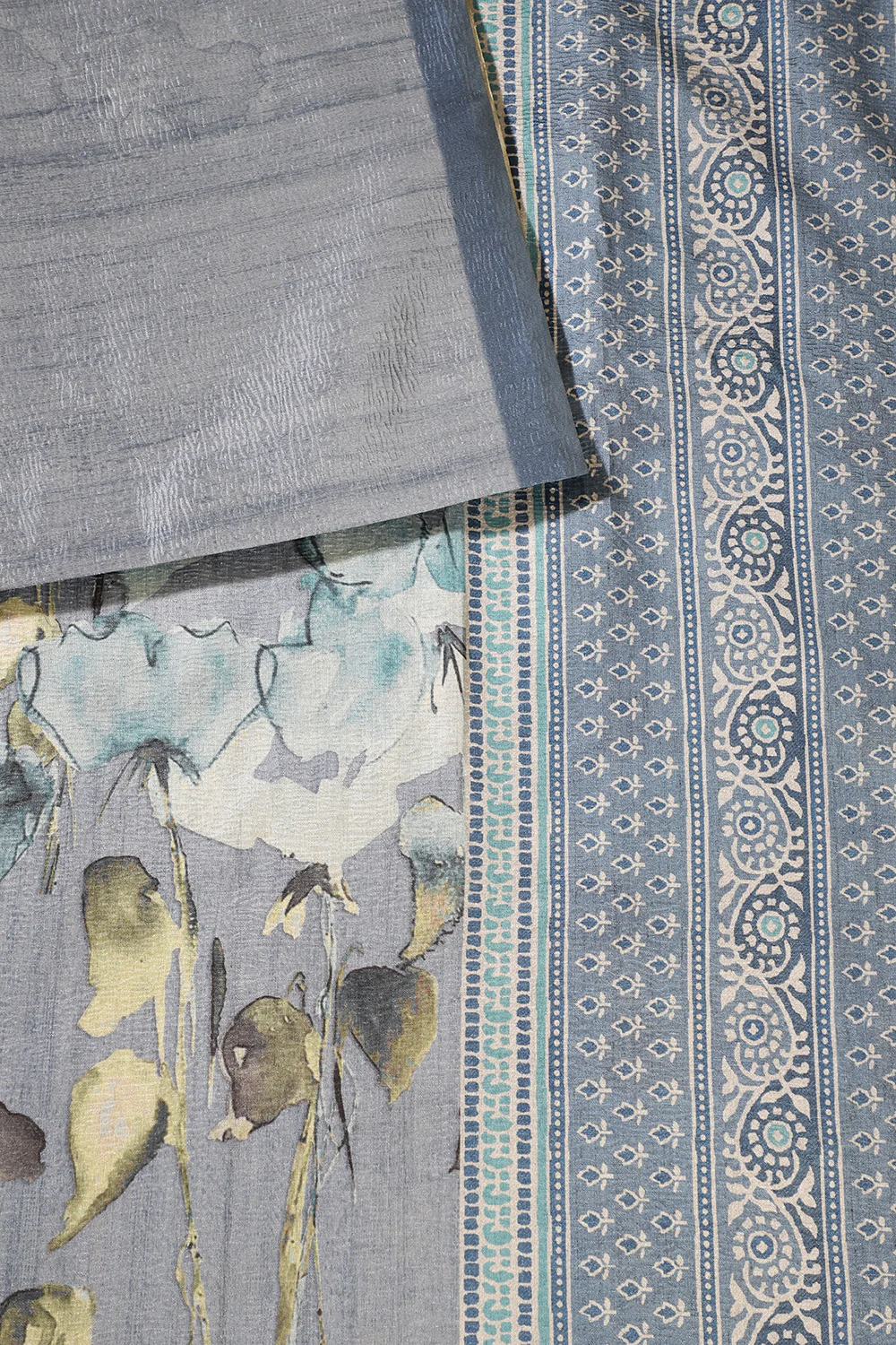 Bluish Grey Floral Printed Tussar Silk Saree - Image 2