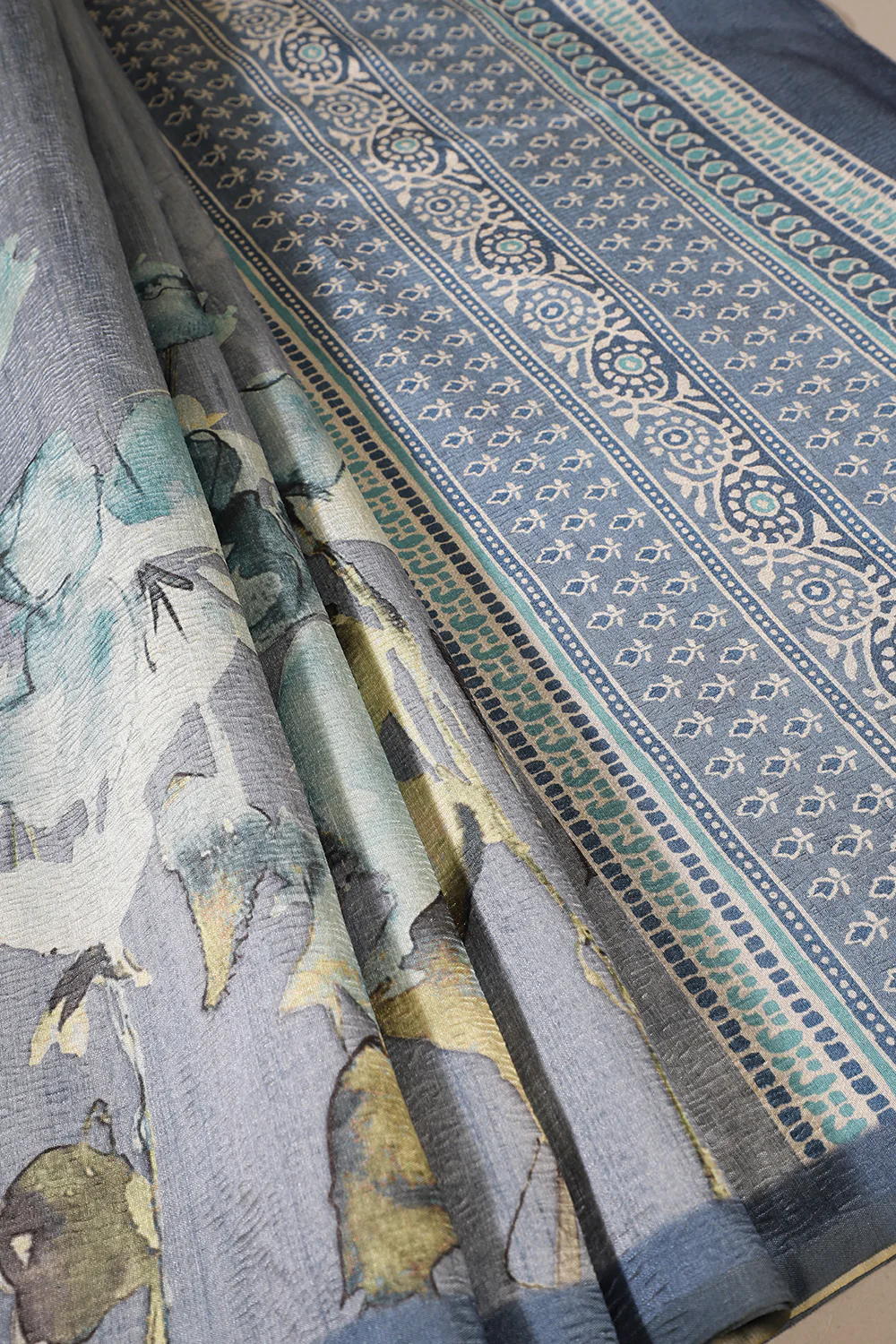 Bluish Grey Floral Printed Tussar Silk Saree - Image 3