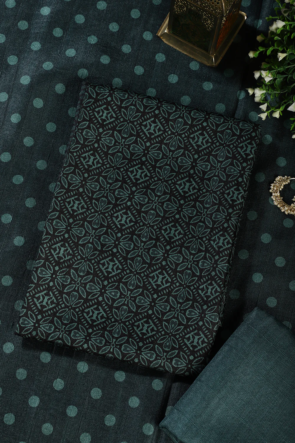 Bottle Green Chanderi Cotton Printed Unstiched Suit Material - Image 2
