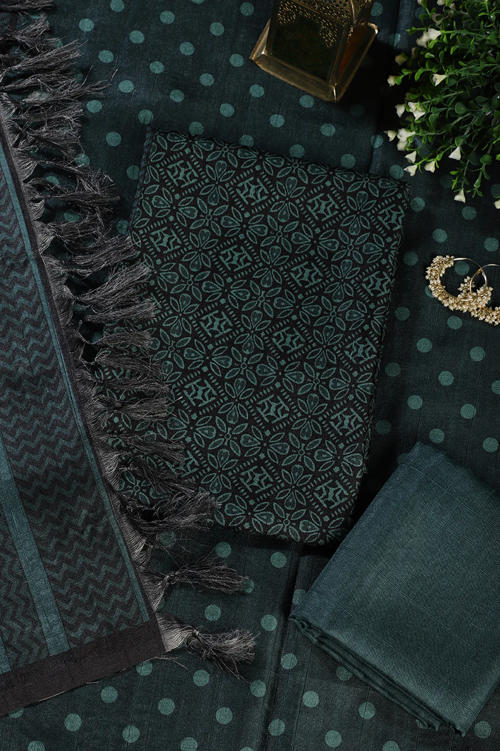 Bottle Green Chanderi Cotton Printed Unstiched Suit Material - Image 3