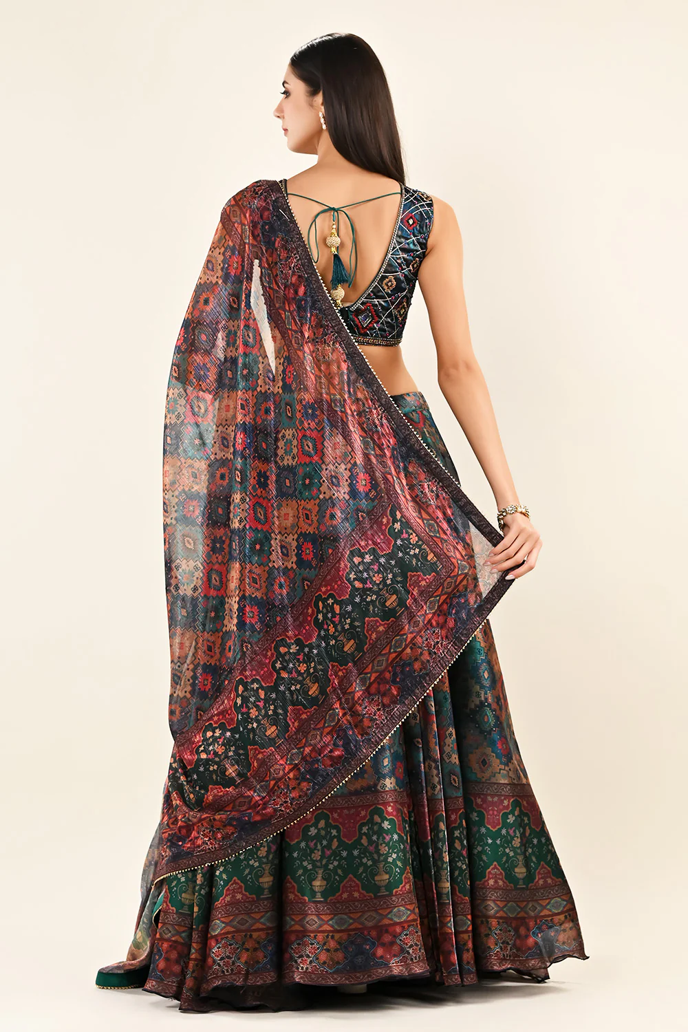 Bottle Green Color Lurex Organza Printed Lehenga - Image 3